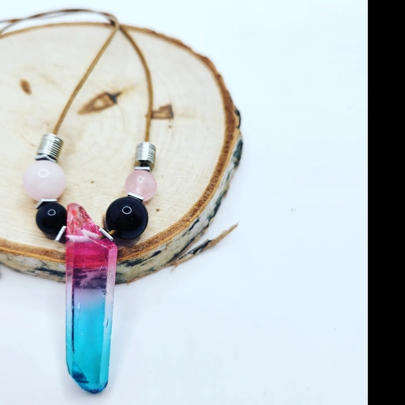 Aura Quartz, Rose Quartz, Black Obsidian cord necklace - Picture 3 of 3